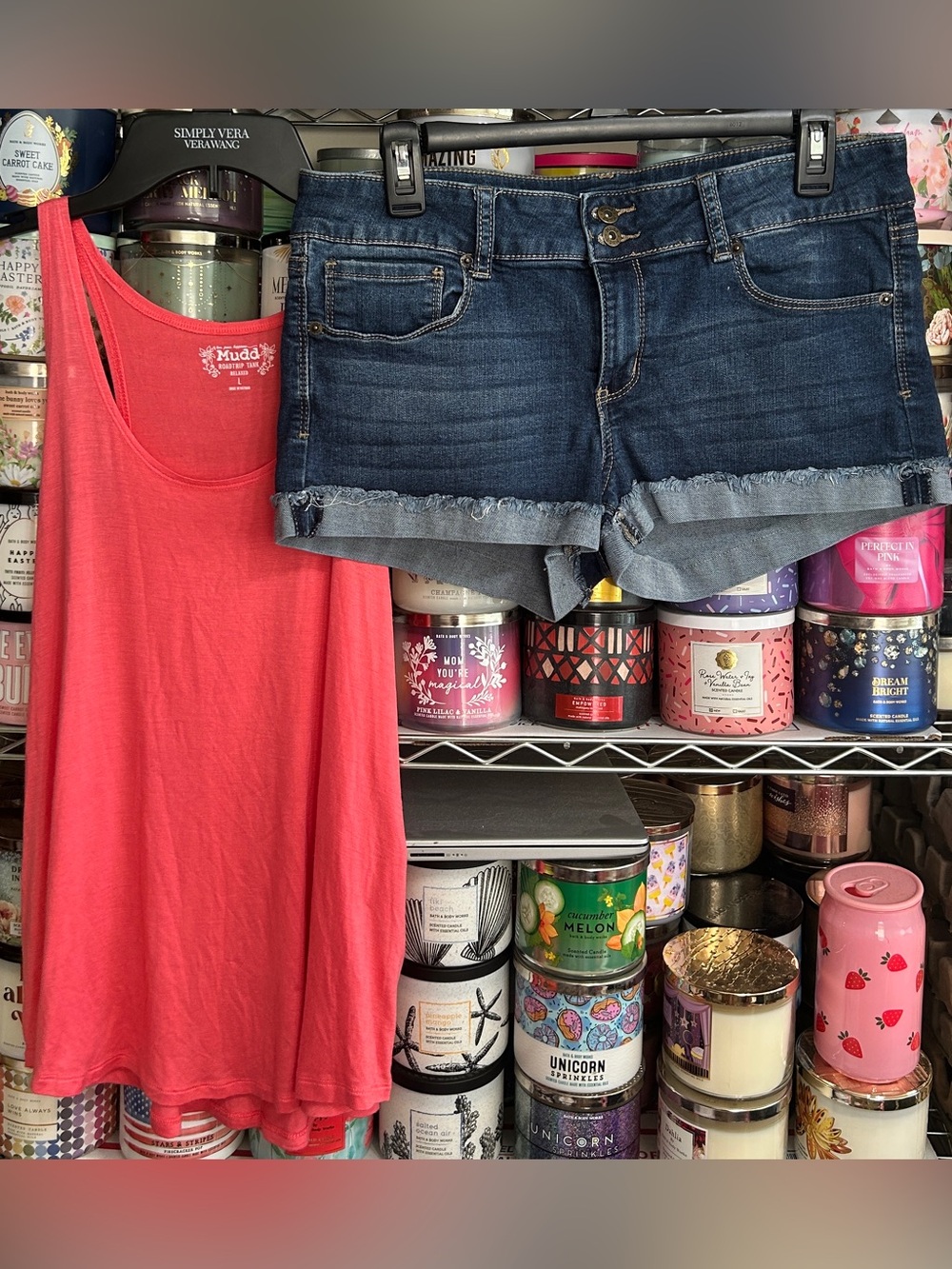 Mudd Coral Tank Top & Dark Blue Denim Cutoff Shorts